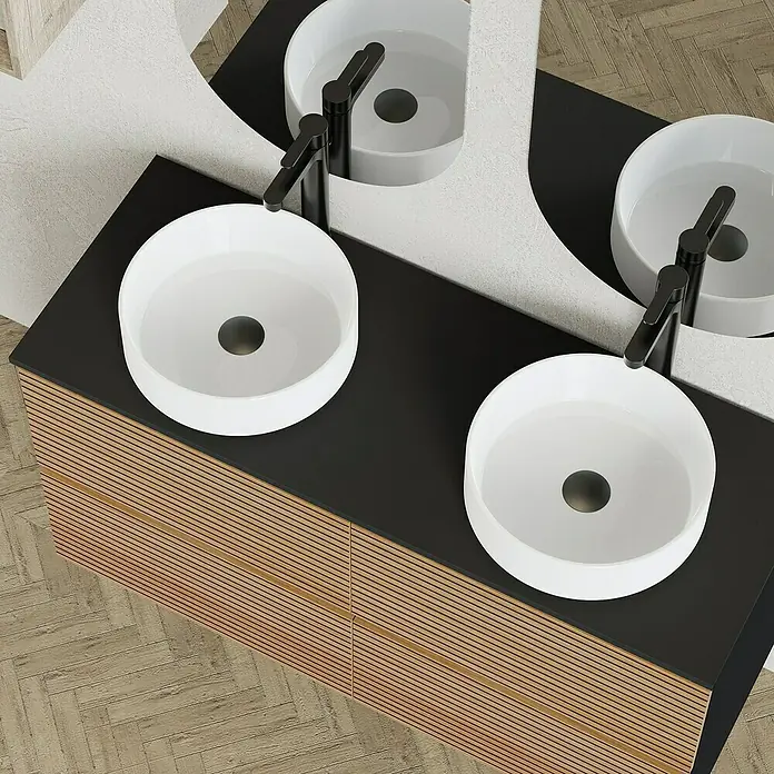 Artysan Conjunto de mueble de baño Osaka Top - Negro/Nogal, 5 pzs. - Mueble de baño con dos lavabos sobre encimera redondos y grifos negros, elegante y moderno.
