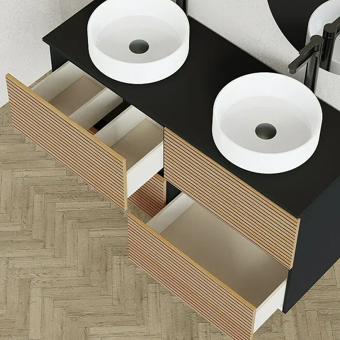 Artysan Conjunto de mueble de baño Osaka Top - Negro/Nogal, 5 pzs. - Moderno mueble de baño con dos lavabos redondos sobre encimera y cajones de madera.