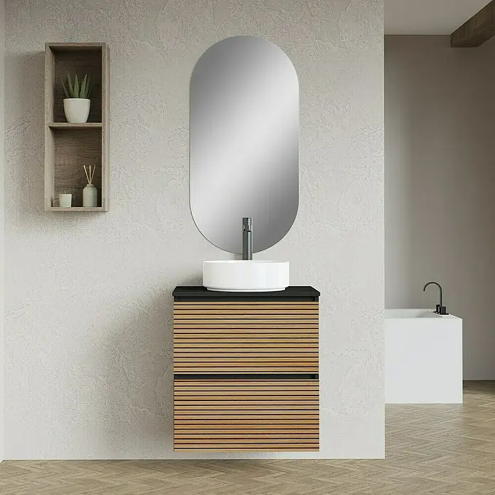 Artysan Conjunto de mueble de baño Osaka Top - Ancho: 60 cm, Negro/Nogal, 3 pzs. - Mueble de baño con frente de listones de madera, lavabo sobre encimera y espejo ovalado, ideal para un diseño de baño moderno.