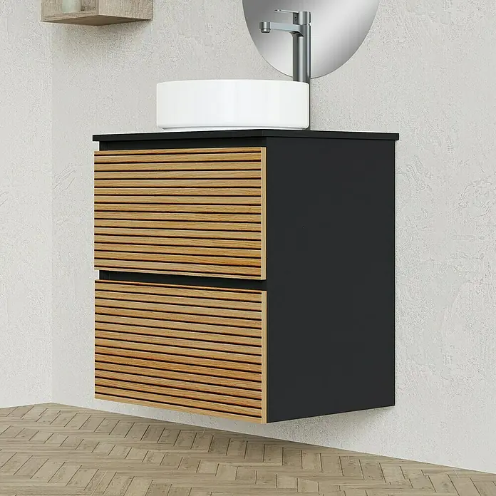 Artysan Conjunto de mueble de baño Osaka Top - Ancho: 60 cm, Negro/Nogal, 3 pzs. - Tocador de baño moderno con estructura negra y frentes de listones de madera, que aporta un toque de calidez a cualquier espacio.