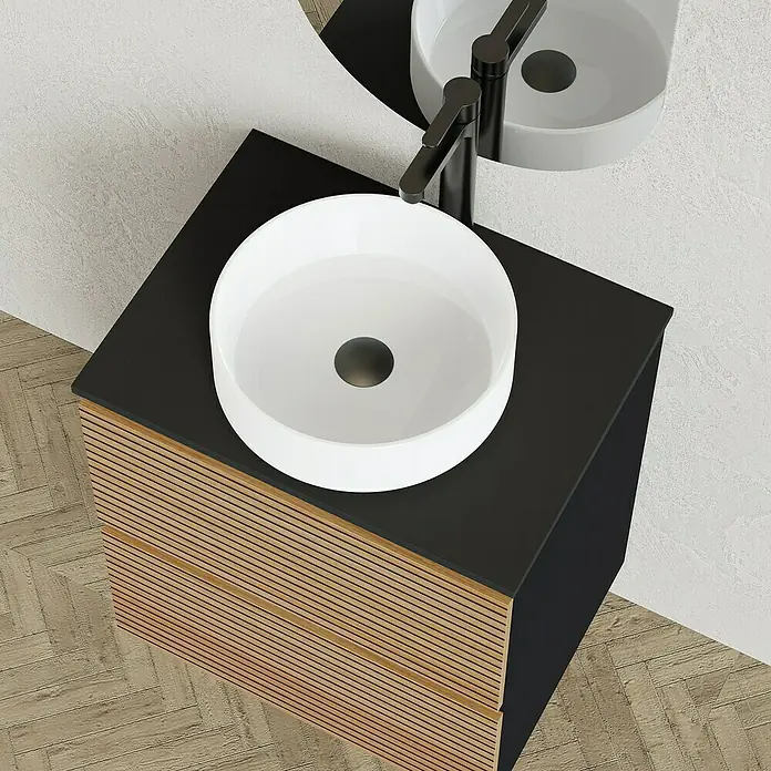 Artysan Conjunto de mueble de baño Osaka Top - Ancho: 60 cm, Negro/Nogal, 3 pzs. - Lavabo de baño moderno con encimera negra y frontal de madera.