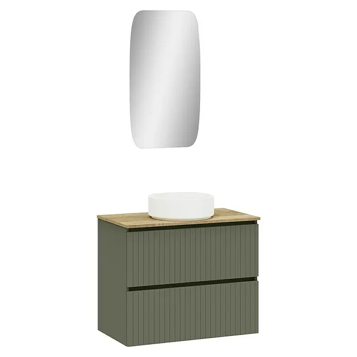 Artysan Conjunto de mueble de baño Yako 2C - Ancho: 80 cm, Verde musgo, 3 pzs. - Elegante conjunto de baño con un moderno tocador verde oliva, encimera de madera y lavabo sobre encimera, complementado con un espejo redondeado.