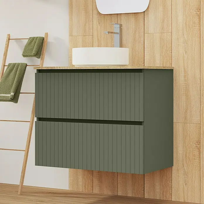 Artysan Conjunto de mueble de baño Yako 2C - Ancho: 80 cm, Verde musgo, 3 pzs. - Un moderno mueble de baño con dos cajones verde oliva y un lavabo sobre encimera, perfecto para baños elegantes.
