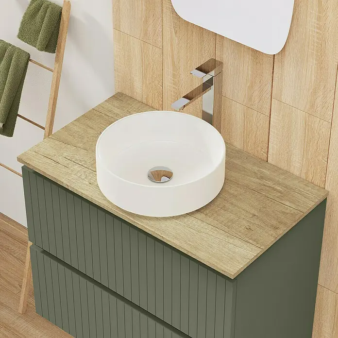 Artysan Conjunto de mueble de baño Yako 2C - Ancho: 80 cm, Verde musgo, 3 pzs. - Tocador de baño con lavabo redondo sobre encimera y grifo. Encimera de madera con frontales verdes.