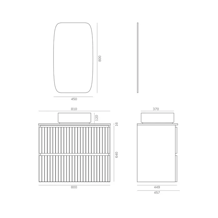 Artysan Conjunto de mueble de baño Yako 2C - Ancho: 80 cm, Blanco seda, 3 pzs. - Dibujo técnico de un mueble de baño con lavabo y espejo, incluidas todas las dimensiones que muestran la profundidad del producto.