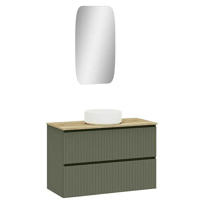 Artysan Conjunto de mueble de baño Yako 2C - Ancho: 100 cm, Verde musgo, 3 pzs. - Mueble de baño con cajones verde oliva, una encimera de madera y un lavabo sobre encimera redondo blanco, complementado con un espejo rectangular.