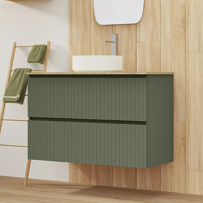 Artysan Conjunto de mueble de baño Yako 2C - Ancho: 100 cm, Verde musgo, 3 pzs. - Moderno conjunto de baño con mueble de lavabo verde oliva con diseño estriado y lavabo sobre encimera.