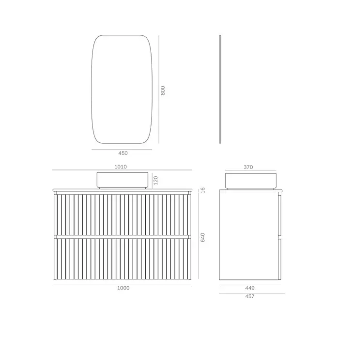 Artysan Conjunto de mueble de baño Yako 2C - Ancho: 100 cm, Blanco seda, 3 pzs. - Vista del producto con dimensiones. El conjunto de baño incluye un mueble de lavabo, un lavabo y un espejo. Las dimensiones se muestran con precisión.