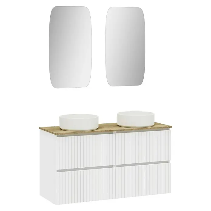 Artysan Conjunto de mueble de baño Yako 2C - Ancho: 120 cm, Blanco seda, 3 pzs. - La imagen muestra un tocador moderno con lavabos dobles y espejos. El diseño es simple y elegante, con tonos blancos y de madera.