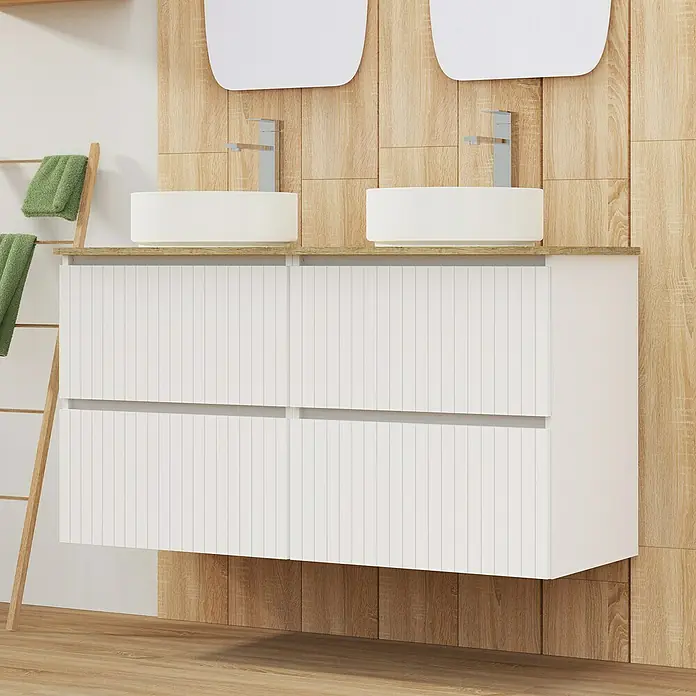 Artysan Conjunto de mueble de baño Yako 2C - Ancho: 120 cm, Blanco seda, 3 pzs. - Imagen de un tocador doble moderno con lavabos sobre encimera blancos y detalles de madera para un baño elegante.