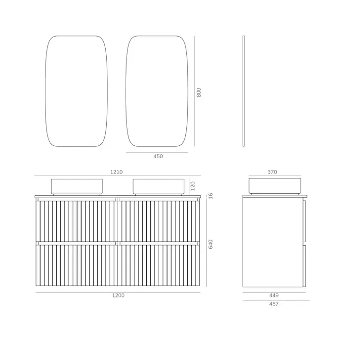 Artysan Conjunto de mueble de baño Yako 2C - Ancho: 120 cm, Blanco seda, 3 pzs. - Vista del producto del conjunto de muebles de baño con doble lavabo, mueble bajo y dos espejos rectangulares.