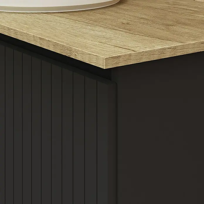 Artysan Conjunto de mueble de baño Yako 2C - Ancho: 60 cm, Negro, 3 pzs. - Primer plano de un mueble de lavabo con encimera de madera clara y listones verticales oscuros en el frente.