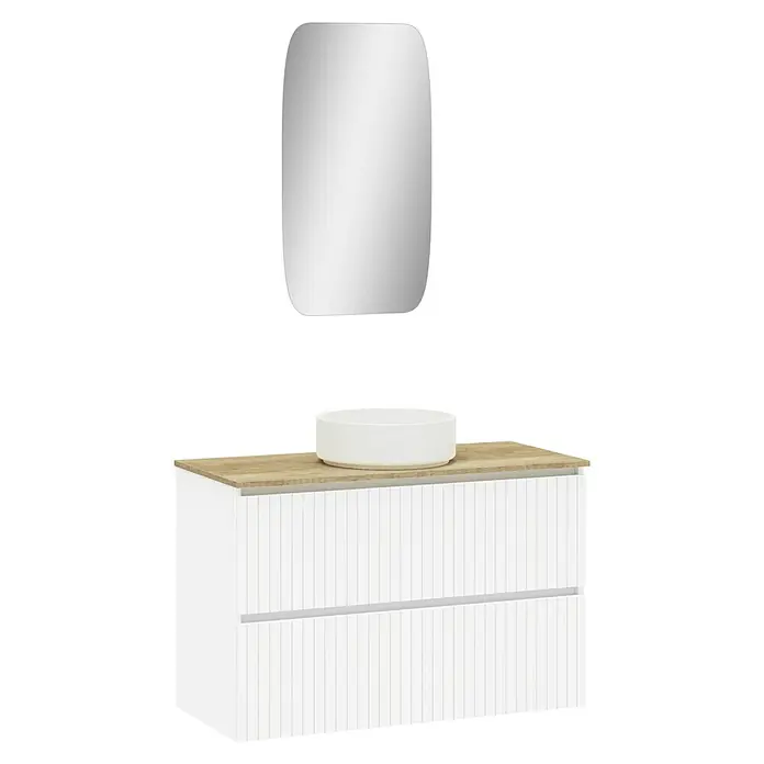 Artysan Conjunto de mueble de baño Yako 2C - Ancho: 100 cm, Blanco seda, 3 pzs. - La imagen muestra un mueble de baño moderno blanco con una encimera de madera clara, un lavabo redondo y un espejo a juego.