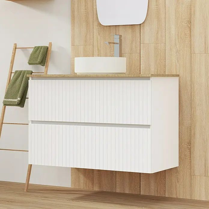 Artysan Conjunto de mueble de baño Yako 2C - Ancho: 100 cm, Blanco seda, 3 pzs. - Este elegante mueble de baño blanco con lavabo y grifo ofrece un confort moderno.
