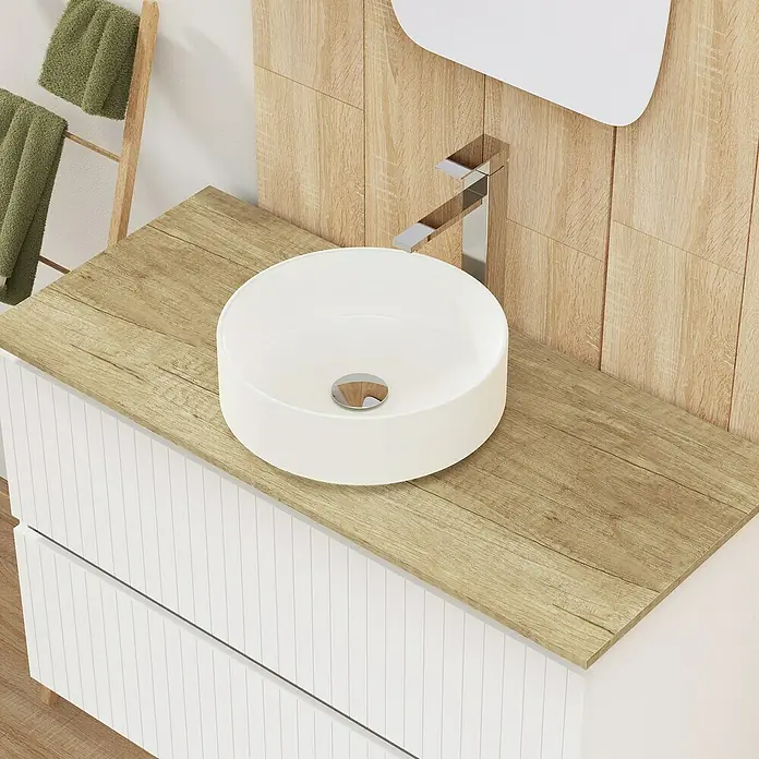 Artysan Conjunto de mueble de baño Yako 2C - Ancho: 100 cm, Blanco seda, 3 pzs. - Lavabo de baño moderno sobre mueble de madera. Diseño elegante con grifo y espejo.