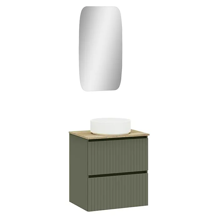 Artysan Conjunto de mueble de baño Yako 2C - Ancho: 60 cm, Verde musgo, 3 pzs. - Elegante conjunto de baño con mueble lavabo verde oliva con encimera de madera, lavabo sobre encimera y espejo redondo a juego, ideal baños modernos.