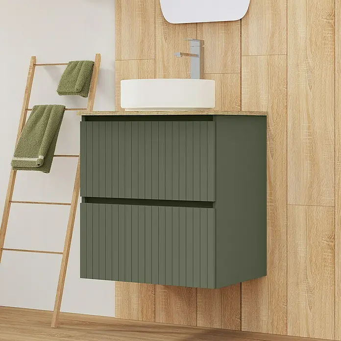 Artysan Conjunto de mueble de baño Yako 2C - Ancho: 60 cm, Verde musgo, 3 pzs. - El lavabo del baño con un mueble de color verde oliva con dos cajones y escalera de toallas, que proporciona almacenamiento elegante.