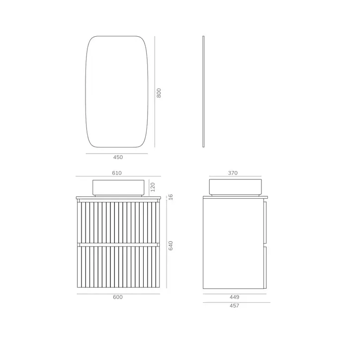 Artysan Conjunto de mueble de baño Yako 2C - Ancho: 60 cm, Blanco seda, 3 pzs. - Dibujo técnico de un conjunto de muebles de baño con lavabo, mueble bajo y espejo.