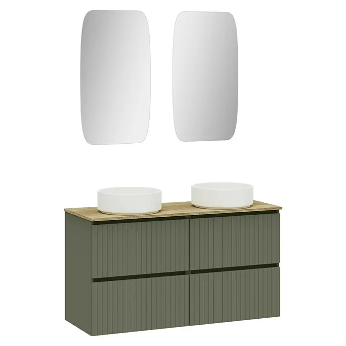 Artysan Conjunto de mueble de baño Yako 2C - Ancho: 120 cm, Verde musgo, 3 pzs. - Un mueble de baño con dos lavabos sobre encimera y dos espejos rectangulares. El mueble presenta un diseño limpio y moderno.