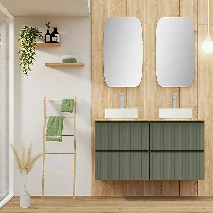 Artysan Conjunto de mueble de baño Yako 2C - Ancho: 120 cm, Verde musgo, 3 pzs. - Un baño moderno con mueble de lavabo verde bosque, lavabo doble y espejos. Los detalles de madera decorativos añaden calidez.