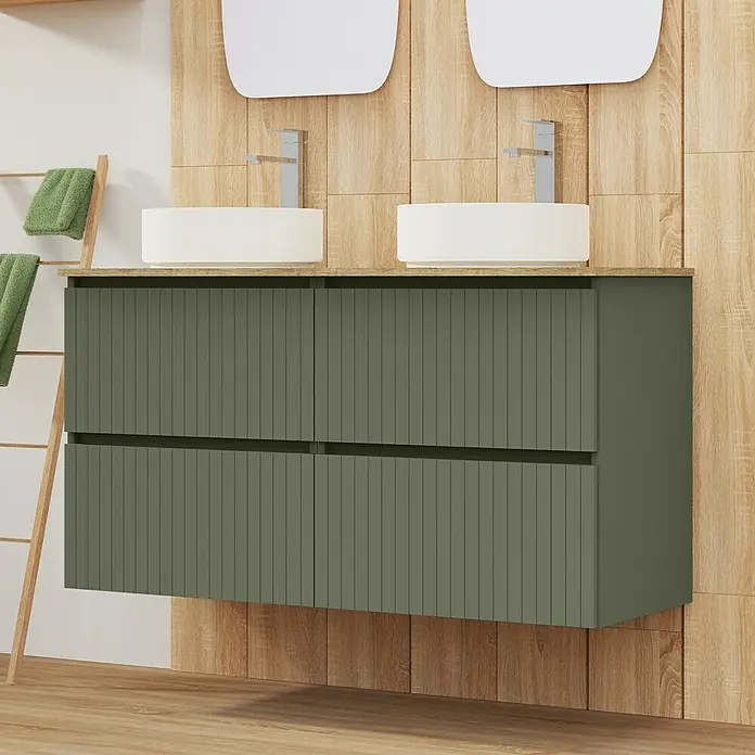 Artysan Conjunto de mueble de baño Yako 2C - Ancho: 120 cm, Verde musgo, 3 pzs. - Baño moderno con un mueble bajo lavabo verde oliva con cajones acanalados bajo dos lavabos sobre encimera.