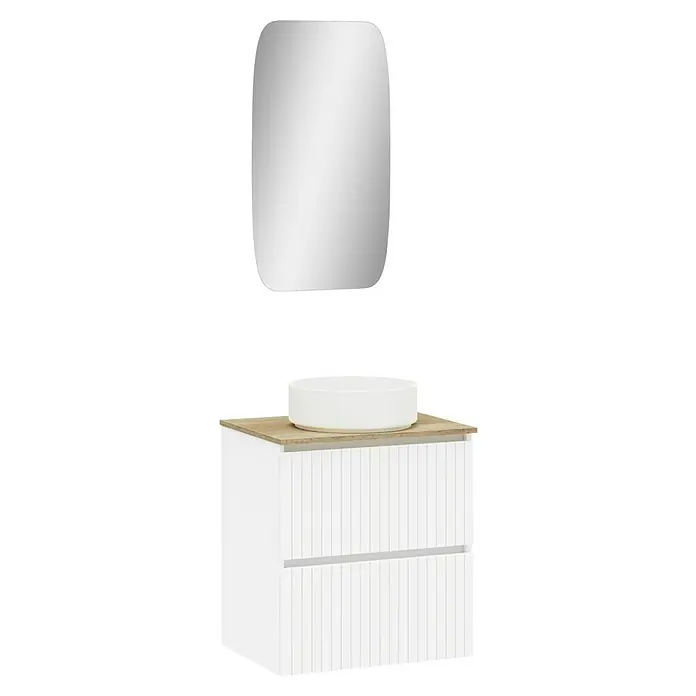 Artysan Conjunto de mueble de baño Yako 2C - Ancho: 60 cm, Blanco seda, 3 pzs. - Imagen de un moderno conjunto de baño con mueble de lavabo blanco, lavabo sobre encimera y espejo elegante. Ideal para el baño moderno.