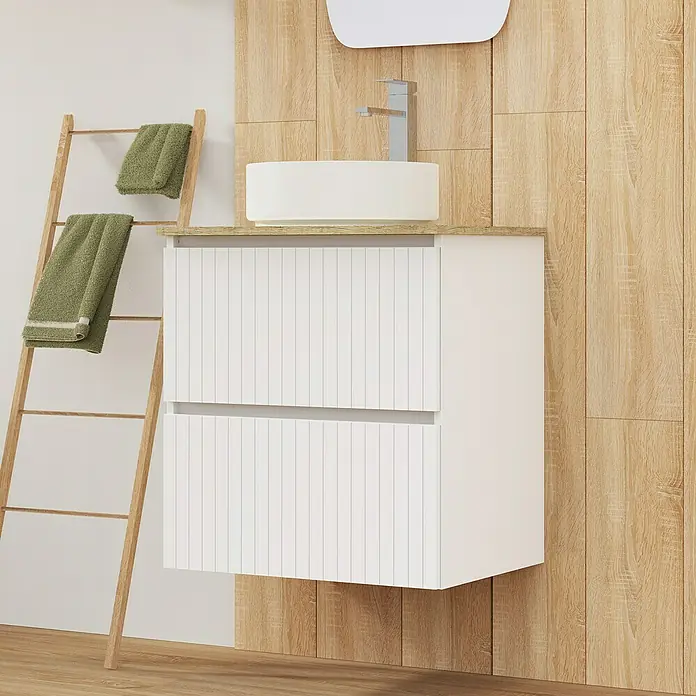 Artysan Conjunto de mueble de baño Yako 2C - Ancho: 60 cm, Blanco seda, 3 pzs. - Mueble de baño con lavabo, armario blanco y detalles en madera para un ambiente moderno.