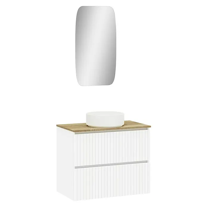 Artysan Conjunto de mueble de baño Yako 2C - Ancho: 80 cm, Blanco seda, 3 pzs. - Imagen de un baño moderno con un lavabo sobre un tocador con dos cajones y un espejo rectangular redondeado encima.