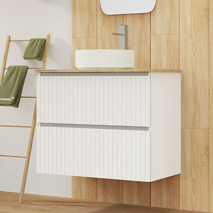 Artysan Conjunto de mueble de baño Yako 2C - Ancho: 80 cm, Blanco seda, 3 pzs. - Elegante mueble de baño con lavabo y escalera toallero, mostrando su diseño moderno. La combinación perfecta de muebles de baño.