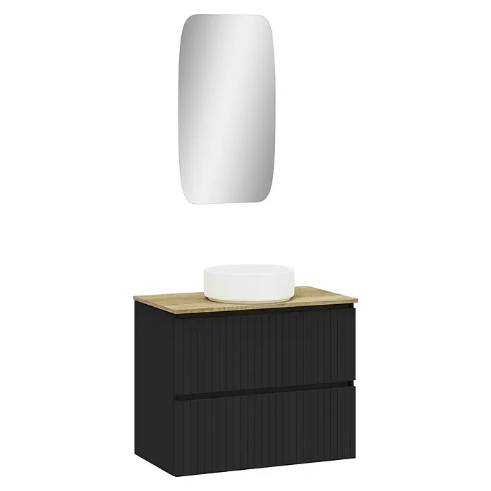Artysan Conjunto de mueble de baño Yako 2C - Ancho: 80 cm, Negro, 3 pzs. - Imagen de un baño moderno con mueble de lavabo con aspecto de madera, lavabo sobre encimera y espejo redondeado en la pared.