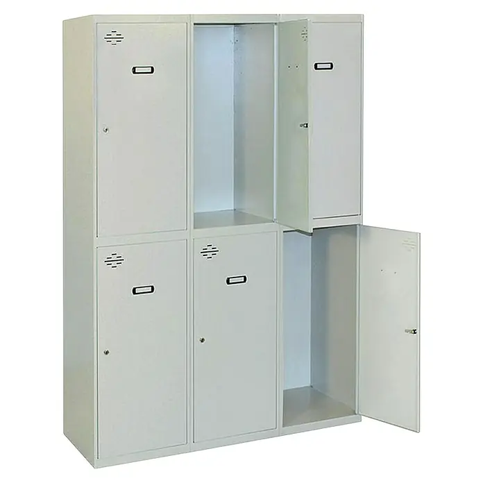 Simonrack Simonlocker Taquilla Tandem Inicial Desmontada - L x An x Al: 50 x 90 x 180 cm, Número de puertas: 6 ud., Gris/Gris - Un armario de taquillas gris con múltiples compartimentos, con algunas puertas abiertas para revelar el interior.