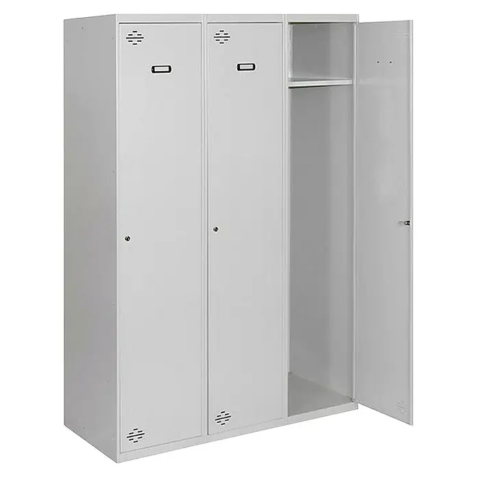 Simonrack Simonlocker Taquilla Single Inicial Desmontada - L x An x Al: 50 x 90 x 180 cm, Número de puertas: 3 ud., Gris/Gris - Taquilla gris de tres secciones con dos puertas cerradas y una puerta abierta, ideal para guardar objetos.
