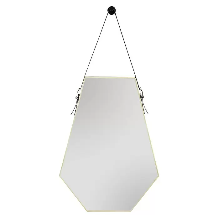 Rahmenspiegel Emmi - 48,5 x 66 cm, Gold, Kunststoff - Oktogonaler Spiegel mit dünnem Goldrahmen, an schwarzer Kordel und rundem Halter hängend.