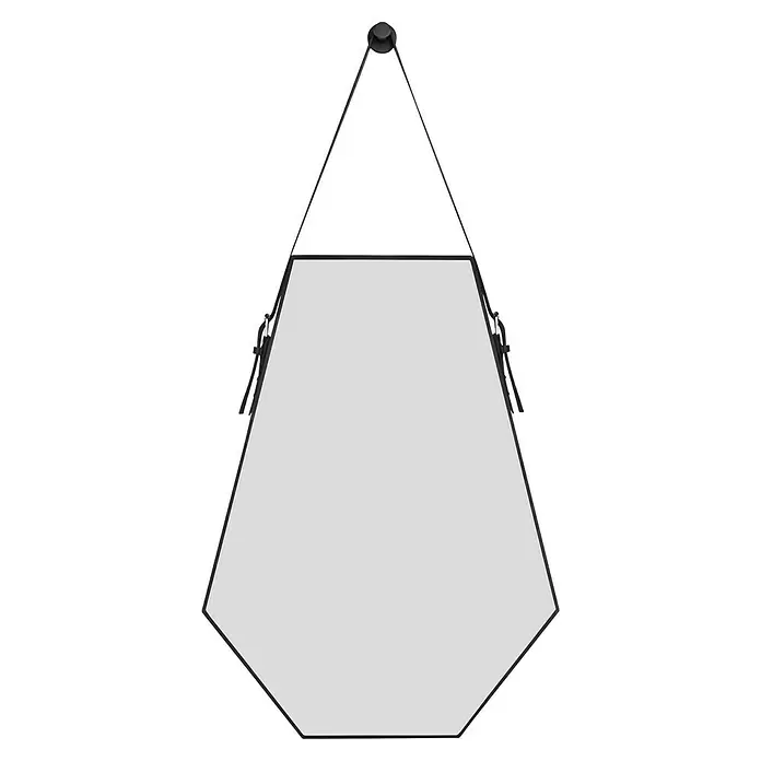 Rahmenspiegel Emmi - 48,5 x 66 cm, Schwarz, Kunststoff - Hexagonale Softbox mit weißer Diffusorfläche und schwarzem Rahmen, an einem schwarzen Knopf und Gurten hängend.