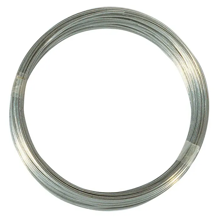Cable metálico FLOR78510 - Ø x L: 1 mm x 10 m, Zincado - Primer plano de un anillo de alambre, compuesto por numerosos alambres individuales de color plateado unidos en forma circular.