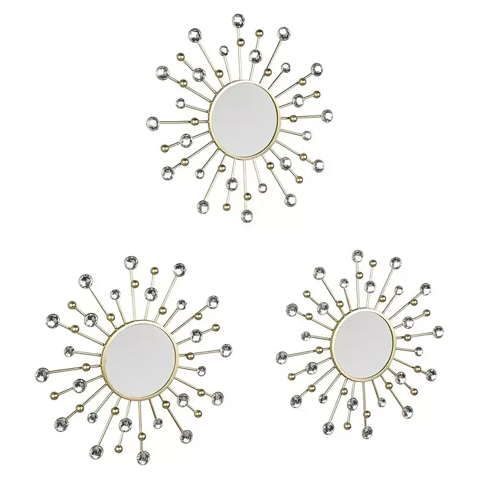 Wandspiegel Set Melanie - 3 -tlg., Durchmesser: 25,5 cm, Gold - Drei goldene Sonnenstrahlenspiegel mit klaren Juwelenverzierungen.