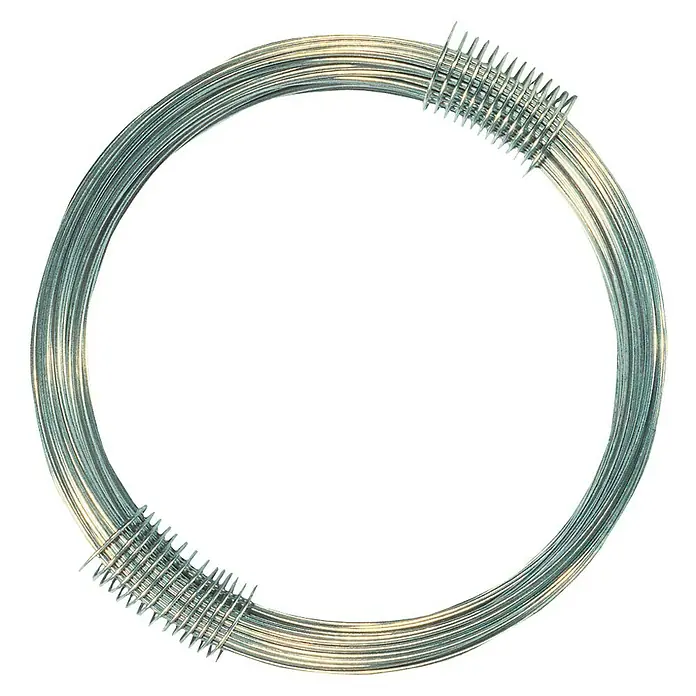 Cable metálico FLOR78540 - Ø x L: 1,4 x 25 mm, Zincado - Primer plano de un alambre plateado circular, envuelto con alambre en dos puntos.