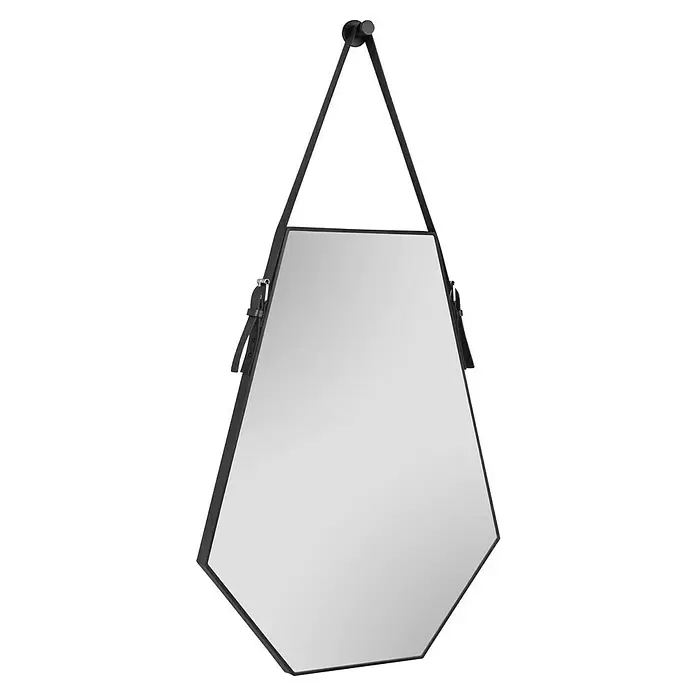 Rahmenspiegel Emmi - 48,5 x 66 cm, Schwarz, Kunststoff - Schwarzer sechseckiger Spiegel mit Lederaufhängung.