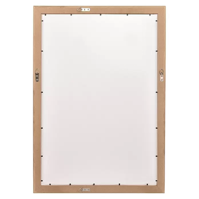 Rahmenspiegel Kim - 48 x 68 cm, Artisan Eiche, Holz - Rückseite eines hellbraunen Holzbilderrahmen mit weißer Rückwand, gesichert durch Clips und Metallaufhängung.
