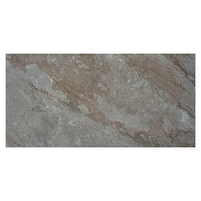 Terrassenfliese Nevada - 40 x 80 x 2 cm, Braun, Matt - Nahaufnahme einer stilvollen, mehrfarbigen Texturfliese mit nuancierten Grau- und Brauntönen, ideal für moderne Raumgestaltung.