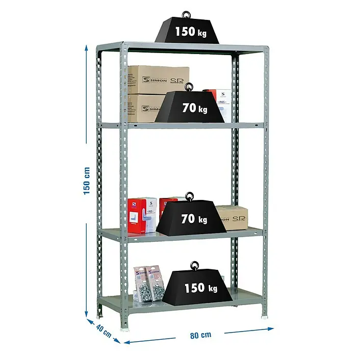 Simonrack Simonclick Metallregal Ecoclick Mini - H x B x T: 150 x 80 x 40 cm, Traglast pro Boden: 70 kg, Anzahl Böden: 4 Stk., Stecken, Grau - Ein graues Metallregal mit vier Ebenen, das mit Gewichten und Kisten beladen ist, dargestellt mit Maßangaben für Höhe und Tiefe.