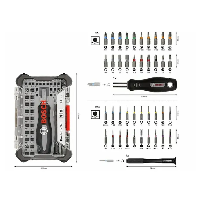 Bosch Bit-Set Precision - 42 -tlg. - Die Abbildung zeigt ein Bosch 42-teiliges Präzisions-Schraubendreher-Bit-Set mit verschiedenen Bits und Schraubendrehern in einer transparenten Aufbewahrungsbox.