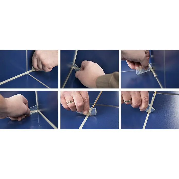 Heka Fugengummi Fugenboy - Passend für: Fugenbreite 11 /14 /17 mm, Geeignet für: Fliesen - Ein Werkzeug zum Verfugen von Fliesen wird auf blauen Fliesen verwendet, um eine glatte und saubere Fuge zu gewährleisten.