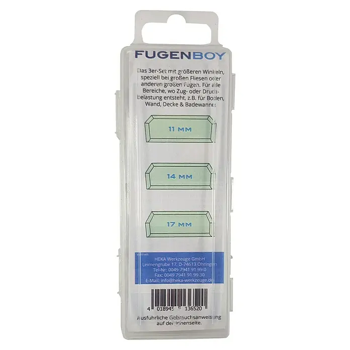 Heka Fugengummi Fugenboy - Passend für: Fugenbreite 11 /14 /17 mm, Geeignet für: Fliesen - Verpackung von Fugenboy, einem 3er-Set mit Winkeln für Fliesenarbeiten. Ideal für Boden, Wand, Decke und Badewannen, inklusive Größenangaben.