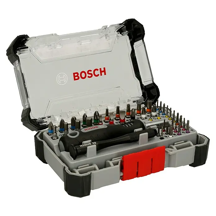 Bosch Bit-Set Precision - 42 -tlg. - Das Bild zeigt ein offenes Bosch Schrauberbit-Set in einem grau-schwarzen Koffer mit transparentem Deckel und rotem Bosch-Logo.