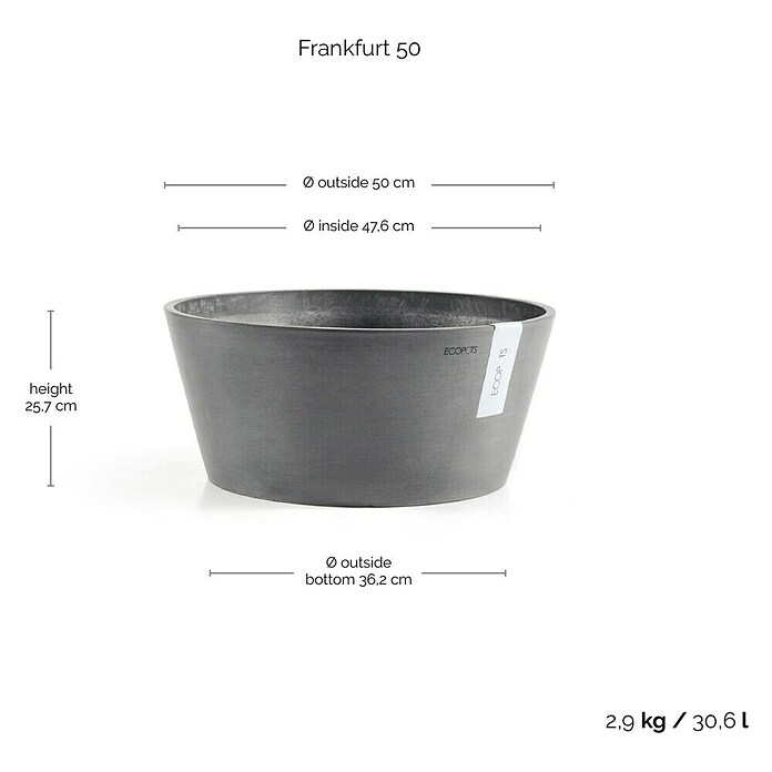 Ecopots Pflanzschale rund Frankfurt (Außenmaß (Ø x H): 50 x 25 cm, Kunststoff, Grau) | BAUHAUS