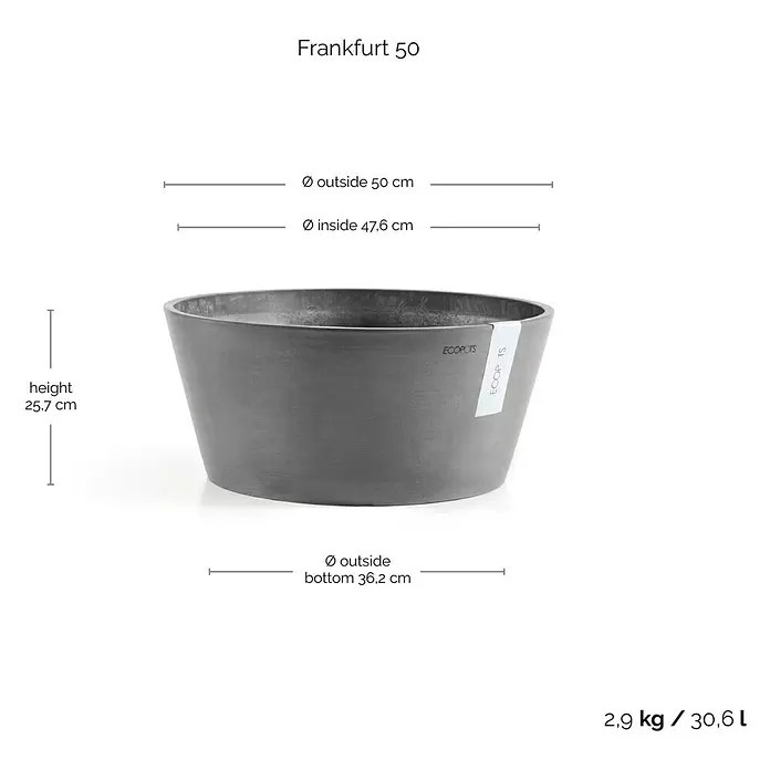 Ecopots Pflanzschale rund Frankfurt - Außenmaß (Ø x H): 50 x 25,7 cm, Kunststoff, Grau - Grauer, konischer ECOPOTS Blumentopf.