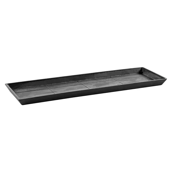 Ecopots Bruges Blumentopf-Untersetzer - Außenmaß (L x B x H): 77,9 x 17,1 x 2,5 cm, Kunststoff, Dunkelgrau - Dunkelgraues rechteckiges Kunststofftablett mit internen Trennlinien.