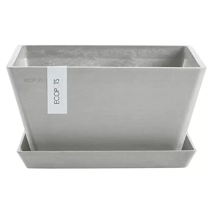 Ecopots Berlin Pflanzschale eckig - Außenmaß (L x B x H): 31,2 x 31,2 x 15,7 cm, Kunststoff, Weiß Grau - Hellgrauer rechteckiger ECOPOTS Pflanztopf mit passender Untertasse.