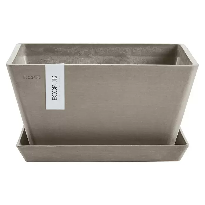 Ecopots Berlin Pflanzschale eckig - Außenmaß (L x B x H): 31,2 x 31,2 x 15,7 cm, Kunststoff, Braungrau - Grauer, quadratischer Pflanztopf mit Untersetzer und „ECOPOTS“-Etikett. Aus recycelten Materialien in Steinoptik gefertigt.